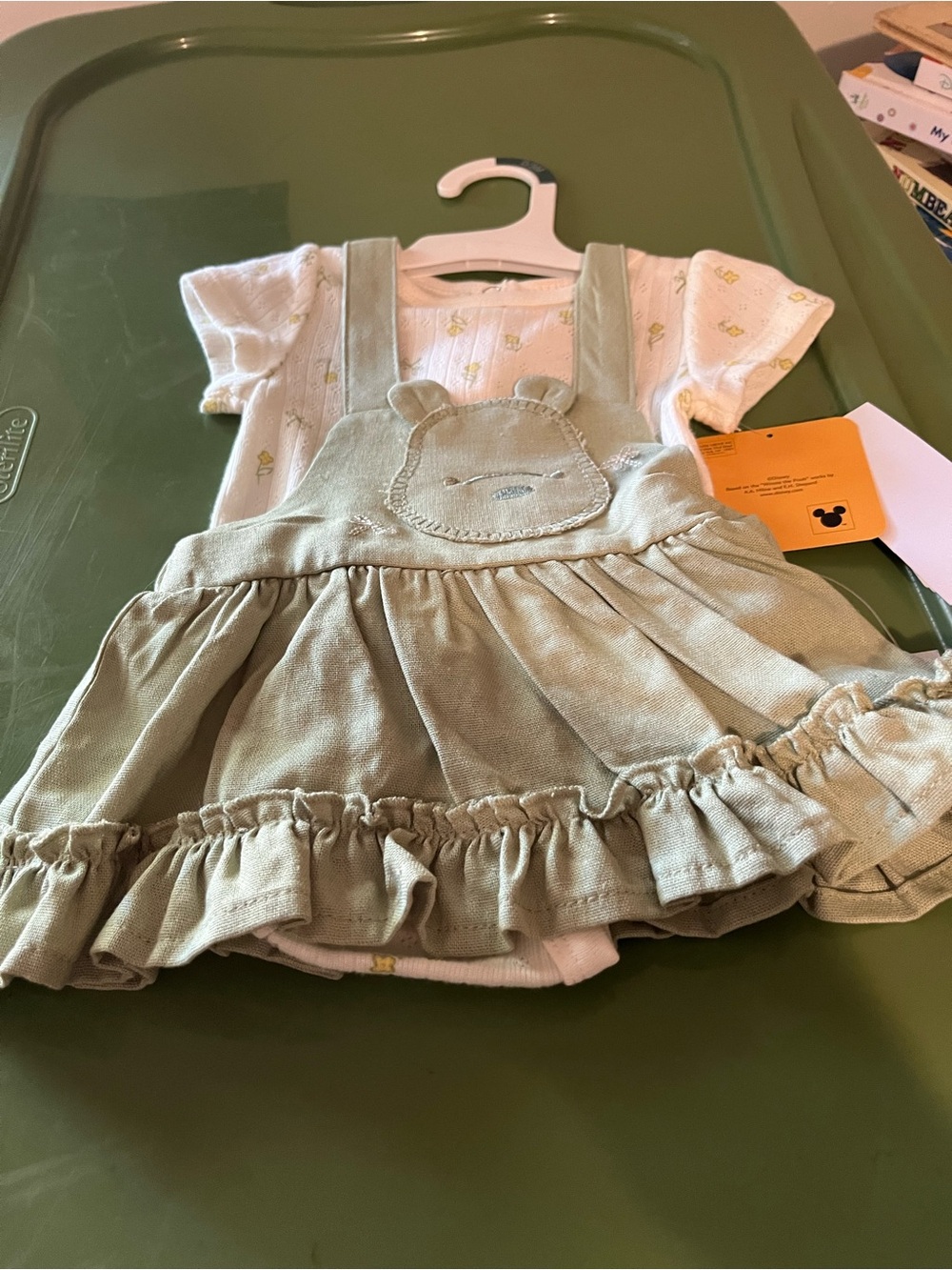 Disney Light Green Ruffle Overall Dress with Bear Applique